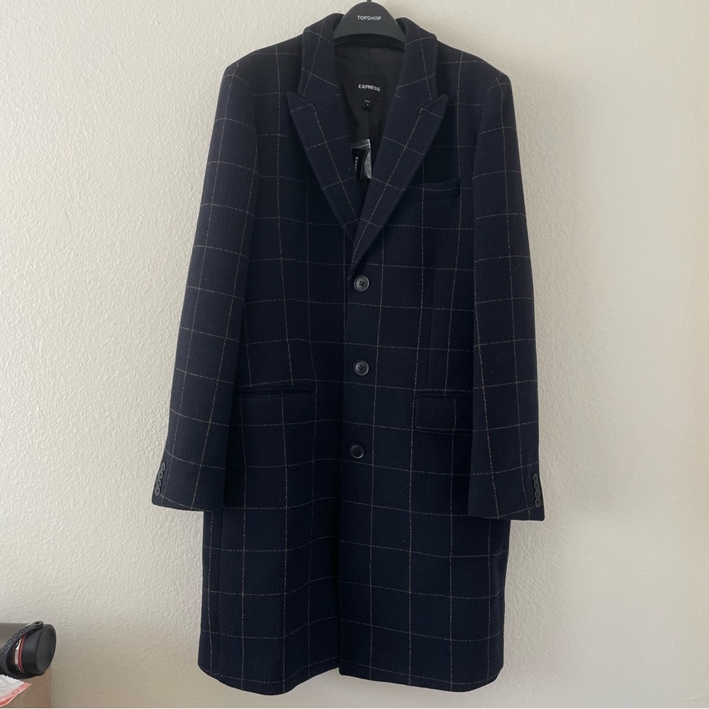 NWT Express Mens Navy window pane topcoat wool winter coat